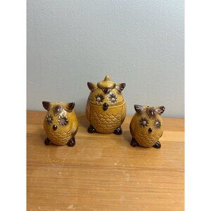 Vintage owl salt and pepper shakers and jar jam googley eye- missing one eye
